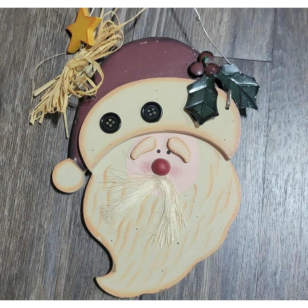 Wood Christmas Santa Claus Door Hanger Wall Sign Buttons Metal Holly berries
